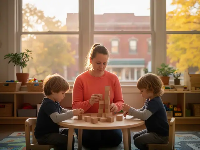 A child-care owner building a block tower with two small children.