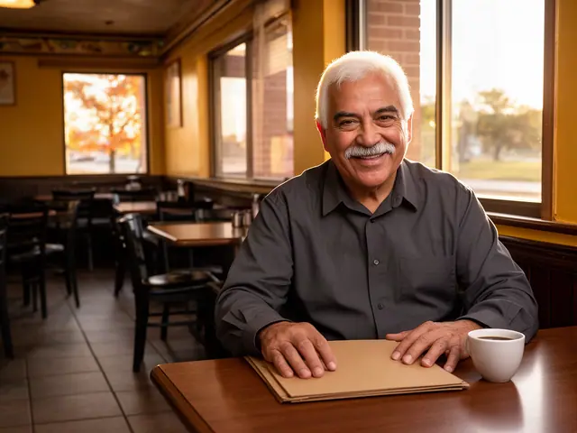 A restaurant owner seated with a folder in an empty dining room before opening.